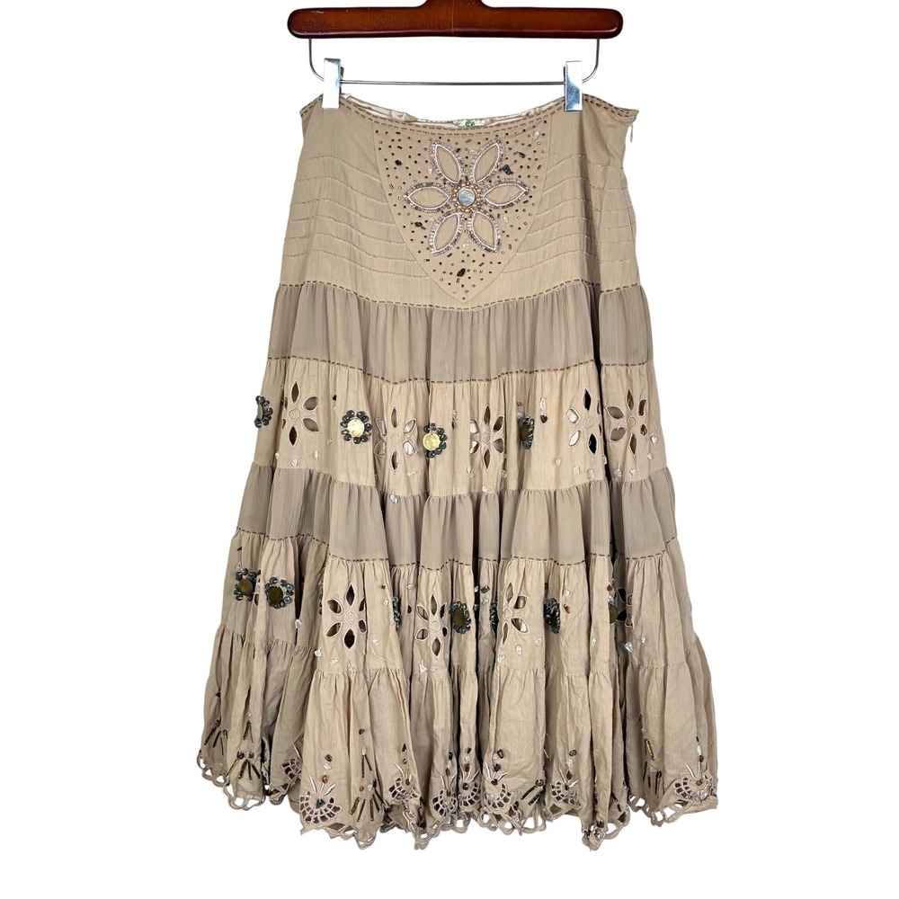 Vtg Y2K 90s Skirt M Midi Genuine Gemstone Beads Tiered Cottage Boho Lace Prairie